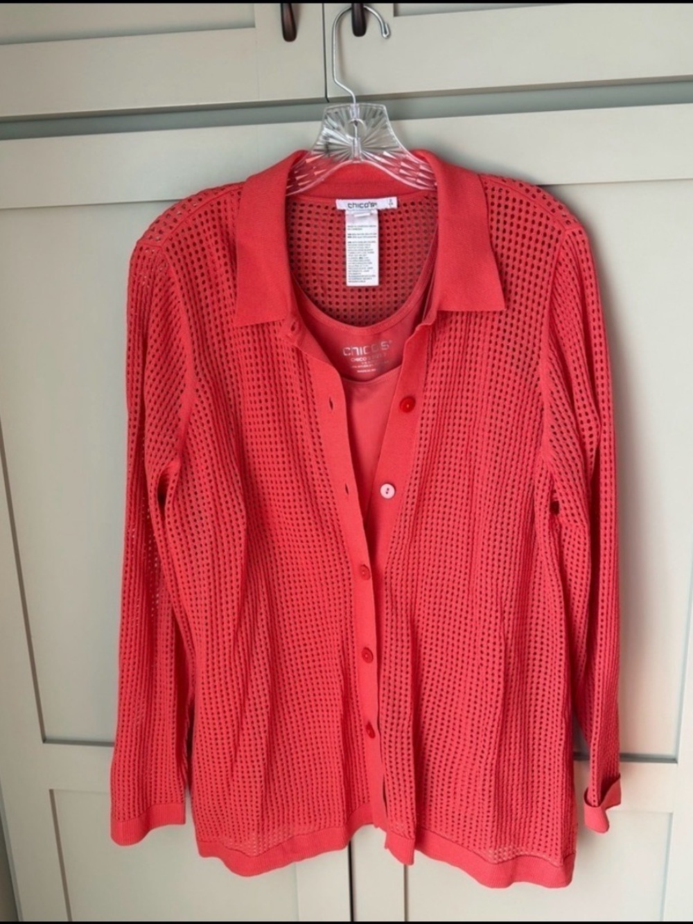 EUC Chico's Open Knit Button-Up Cardi & Tank Top SZ 2 (L/12) Coral/Burnt Orange - Picture 16 of 16